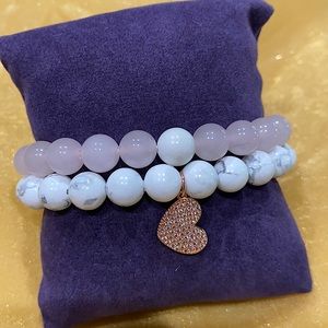 2Pc White Howlite Rose Gold CZ Heart Bracelet